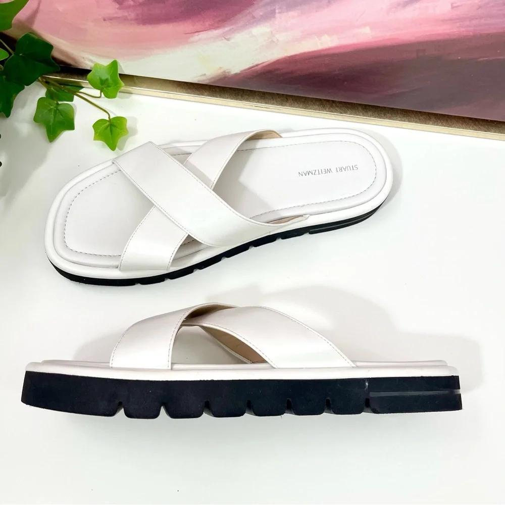 Stuart Weitzman Elodie Leather Slide Sandal in White‎ Size 10 B